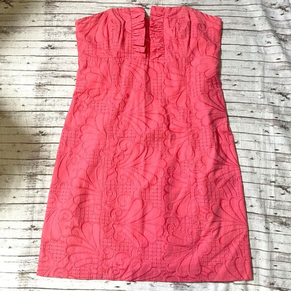 Lilly Pulitzer Size 10 Frankie Dress Pink Embroidered Strapless Above Knee Mini - Picture 1 of 8